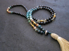 108 Mala Tassel Necklace in Agate, Green Bloodstone, Citrine w/ Champagne Gold Tassel