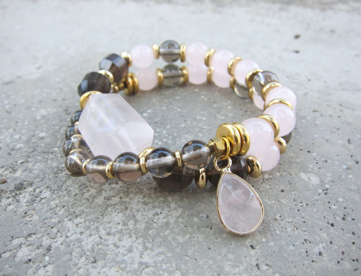 Love, Fertility, Balance, Grounding - Rose Quartz, Smoky Quartz Mala Bracelet in 27 Beads