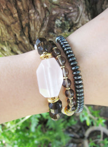 Love, Fertility, Balance, Grounding - Rose Quartz, Smoky Quartz Mala Bracelet in 27 Beads