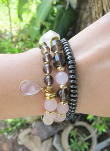 Love, Fertility, Balance, Grounding - Rose Quartz, Smoky Quartz Mala Bracelet in 27 Beads