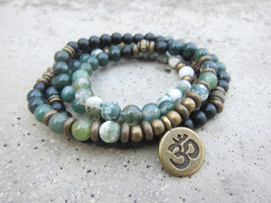 108 Bead in Black Onyx, Moss Agate, OM Mala Bracelet or Necklace