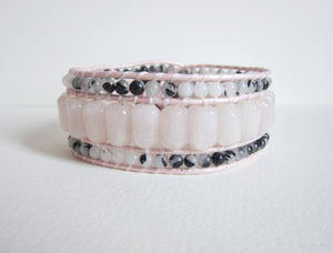 Madagascar Pink Rose Quartz Gemstone Leather Cuff Wrap Bracelet (wrist 6.5 - 7.5 inch) - Limited Edition