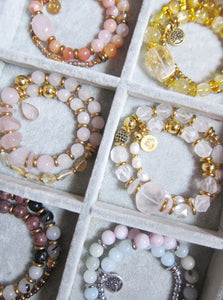 Sunstone, Pink Rose Quartz, Pink Moroccan Agate Mala Bracelet in 27 Beads w/ 24 Gold Filled OM Charm