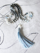 108 Bead Mala Tassel Necklace in Rainbow Labradorite, Moonstone, Aquamarine, Snowflake Obsidian