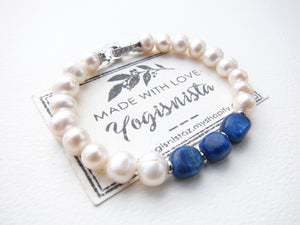 baroque freshwater pearl and blue kyanite bracelet - finished in a platinum clasp