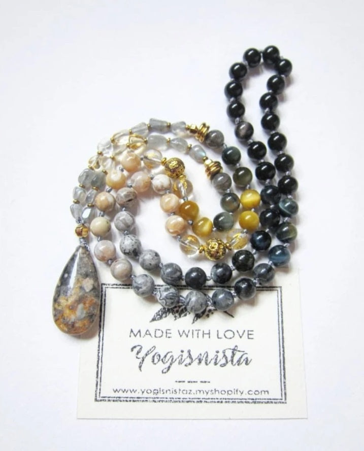 SALE - Self Esteem + Decisiveness Beaded Mala Necklace in Bumblebee Jasper Stone Pendant