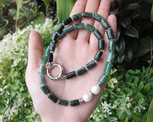 Green Emerald, Tourmaline and Baroque Freshwater Pearl Necklace in Stainless Silver Findings