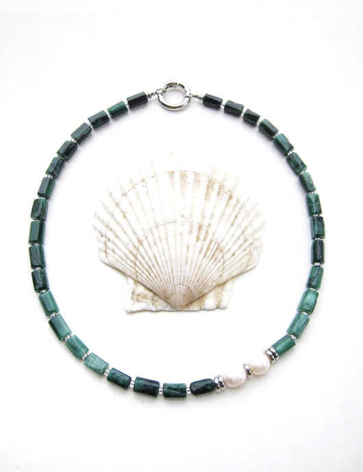 Green Emerald, Tourmaline and Baroque Freshwater Pearl Necklace in Stainless Silver Findings