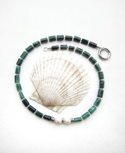 Green Emerald, Tourmaline and Baroque Freshwater Pearl Necklace in Stainless Silver Findings