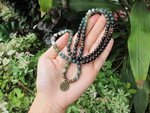 The Deep Forest Green Mala - 108 Bead in Moss Agate, Tree Agate Mala Bracelet or Necklace