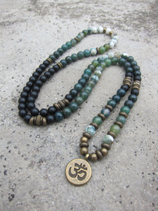 The Deep Forest Green Mala - 108 Bead in Moss Agate, Tree Agate Mala Bracelet or Necklace