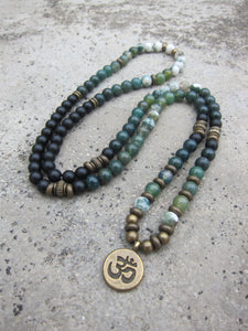 108 Bead in Black Onyx, Moss Agate, OM Mala Bracelet or Necklace