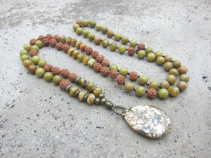 SALE - Australia Olive Opal, Serpentine Jasper, Rudraksha in Ocean Jasper Pendant Necklace