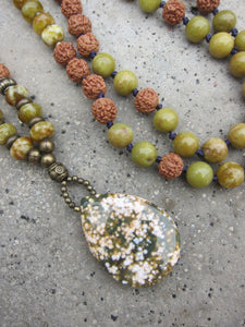 SALE - Australia Olive Opal, Serpentine Jasper, Rudraksha in Ocean Jasper Pendant Necklace