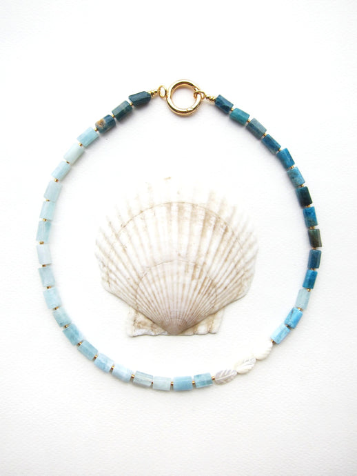 Aquamarine, Apatite and Mother Of Pearl Necklace in 18K findings