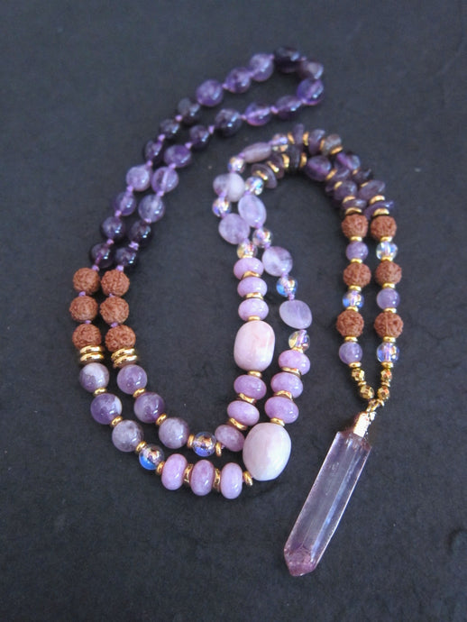 Bohemian Rudraksha, Amethyst, Lavender, Kunzite Mala Pendant Necklace