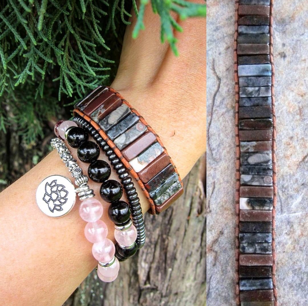 Jasper Agate Mix Tubestone Leather Bracelet