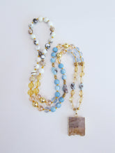 Larimar, Opal, Citrine Mala Necklace with Citrine Stalactite Pendant - Pisces Birthstone