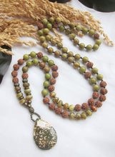 SALE - Australia Olive Opal, Serpentine Jasper, Rudraksha in Ocean Jasper Pendant Necklace