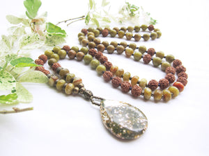 SALE - Australia Olive Opal, Serpentine Jasper, Rudraksha in Ocean Jasper Pendant Necklace