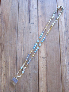 Larimar, Opal, Citrine Mala Necklace with Citrine Stalactite Pendant - Pisces Birthstone