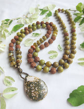 SALE - Australia Olive Opal, Serpentine Jasper, Rudraksha in Ocean Jasper Pendant Necklace