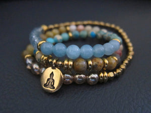 54 Bead Mala Bracelet (Necklace) in Blue Aqua Sediment Jasper and Crazy Lace Agate