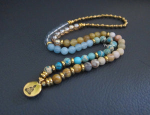 54 Bead Mala Bracelet (Necklace) in Blue Aqua Sediment Jasper and Crazy Lace Agate