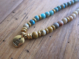 54 Bead Mala Bracelet (Necklace) in Blue Aqua Sediment Jasper and Crazy Lace Agate