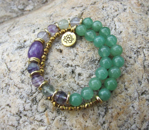 SALE - 2 pc set -108 Mala Necklace in Fluorite, Amethyst + 27 Bead Mala Bracelet