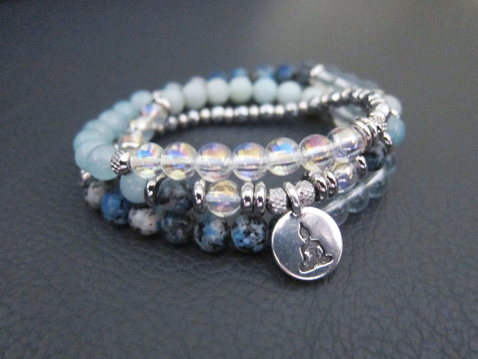 54 Bead Mala Bracelet (Necklace) in Blue Topaz, Aura Quartz, K2 and Aquamarine