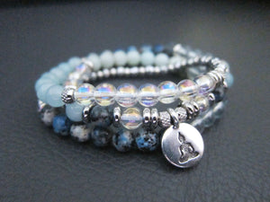 54 Bead Mala Bracelet (Necklace) in Blue Topaz, Aura Quartz, K2 and Aquamarine