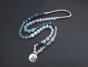 54 Bead Mala Bracelet (Necklace) in Blue Topaz, Aura Quartz, K2 and Aquamarine