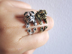 Bulldog Wrap Ring (Antique Silver or Bronze) Unique Realistic English Bulldog ring; Bulldog puppy ring; American Bulldog - yogisnista