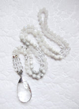 108 Glowing Quartz, Selenite, Moonstone Mala Necklace in Clear Quartz Pendant