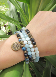 108 Beaded Mala in Shungite, Angelite, Blue Chalcedony, K2 with Lotus charm pendant Necklace