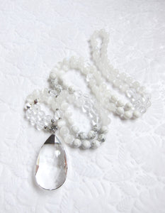 108 Glowing Quartz, Selenite, Moonstone Mala Necklace in Clear Quartz Pendant