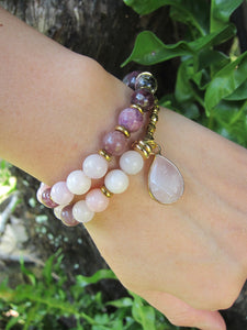 27 Bead Mala Bracelet in Plum Tourmaline, Pink Opal, Rose Quartz + Lepidolite