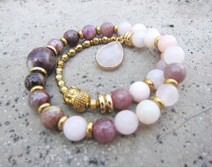 27 Bead Mala Bracelet in Plum Tourmaline, Pink Opal, Rose Quartz + Lepidolite