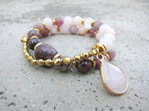 27 Bead Mala Bracelet in Plum Tourmaline, Pink Opal, Rose Quartz + Lepidolite