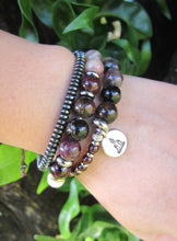 27 Bead Mala Bracelet in Red Wine Garnet + Watermelon Tourmaline w/ Yoga Meditation Charm