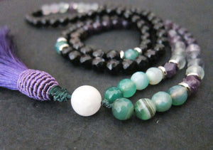 SALE - 108 Beaded Tassel Necklace in Fluorite, Amethyst ~Heart, Throat and Third Eye Chakra Mala