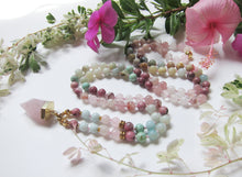 Love, Fertility Mala necklace in Rose Quartz, Hematoid Quartz, Rhodonite, Peruvian Turquoise, Amazonite and a Pink Rose Quartz Bullet Point Pendant