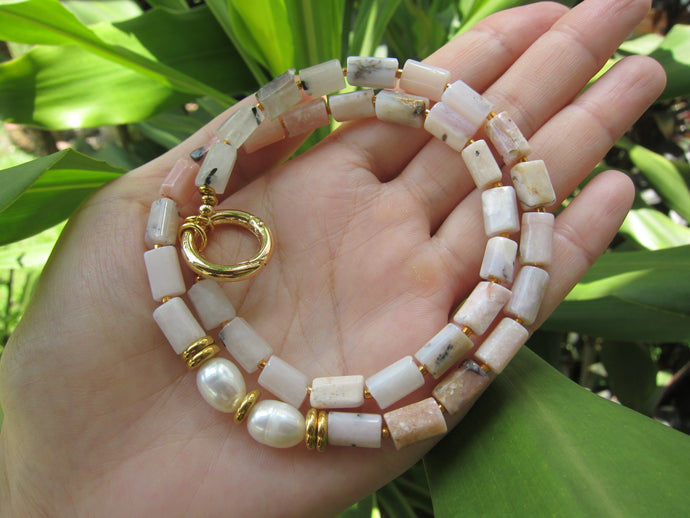 SALE - Pink Opal and Baroque Freshwater Pearl Statement Necklace