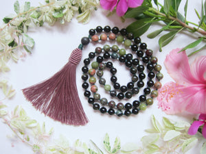 SALE - Bohemian Black Gold Obsidian, Unakite, Bloodstone Beaded Mala Tassel Necklace