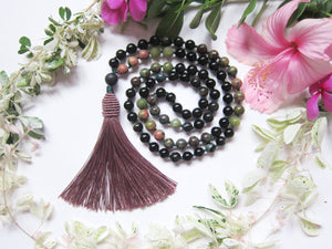 SALE - Bohemian Black Gold Obsidian, Unakite, Bloodstone Beaded Mala Tassel Necklace