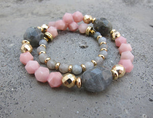 Pink Opal + Labradorite Stone Beaded Bracelet