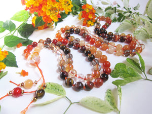 108 Beads in Orange Carnelian, Smoky Quartz, Aura Quartz, Peach Moonstone Mala Necklace