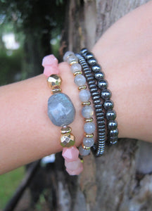 Pink Opal + Labradorite Stone Beaded Bracelet