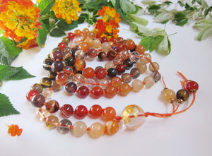 108 Beads in Orange Carnelian, Smoky Quartz, Aura Quartz, Peach Moonstone Mala Necklace